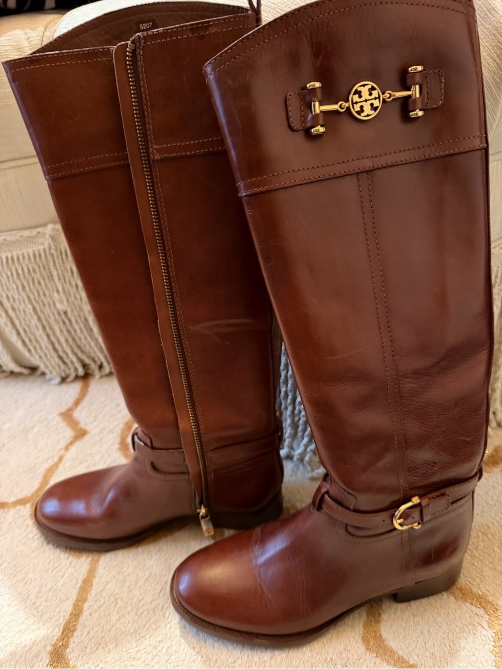 Tory Burch Chestnut Brown Leather Tall Riding Boots with Gold Hardware